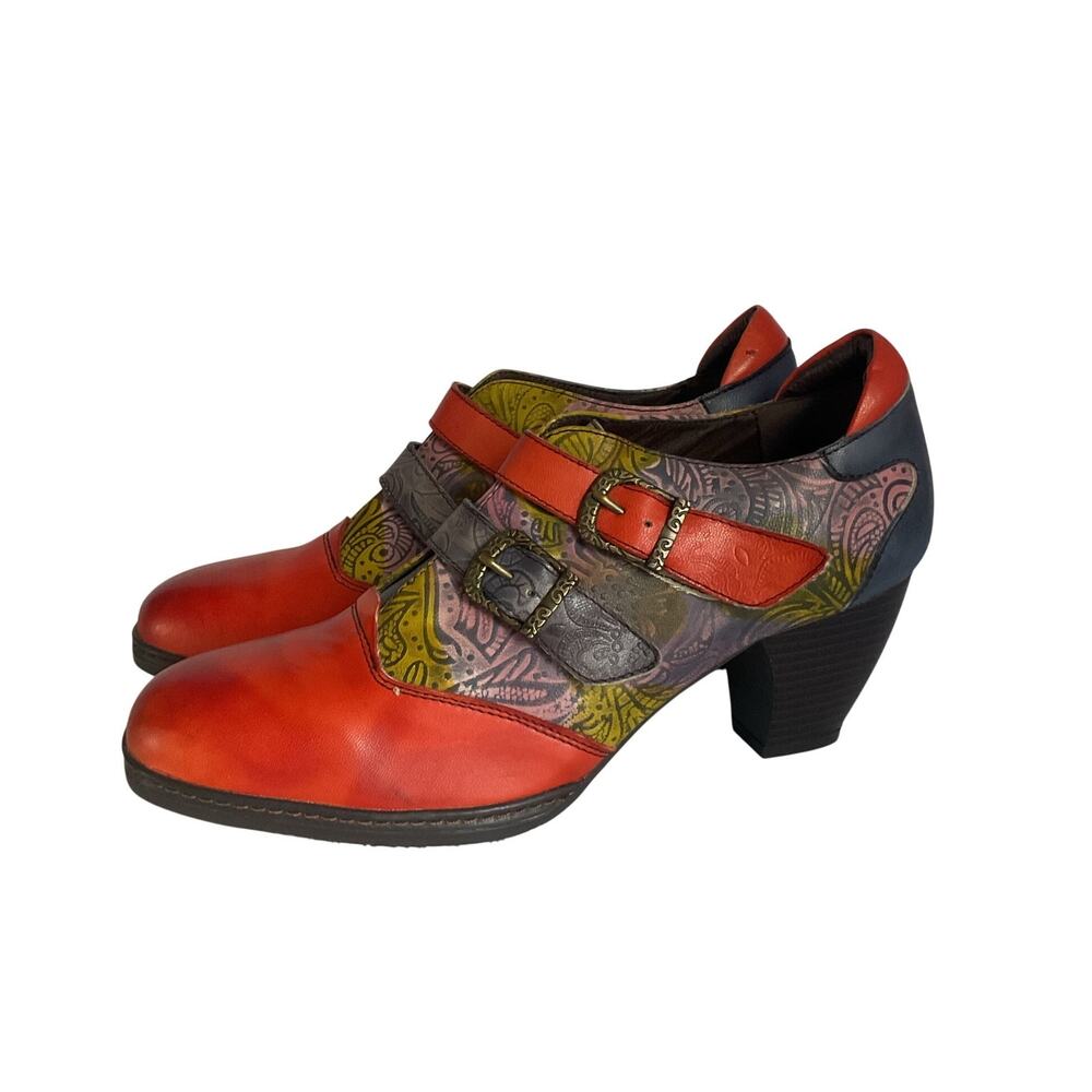 Mary Jane Leather  Multicolor Heels Double Buckle Chunky Block Heel Size 9.5